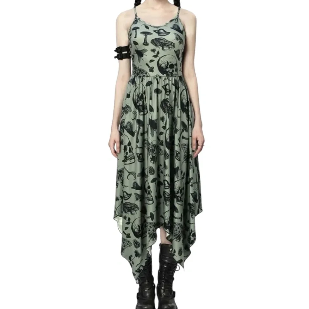 Shasilo Gothic Witchy Skull Print Sleeveless Handkerchief Sage Green Dress - Picture 3 of 9